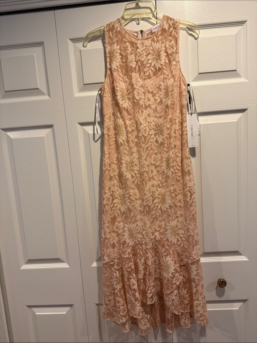 Calvin Klein Peach and Cream Lace Midi Dress gold threads ..new..size 6